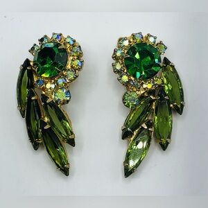 Juliana Rhinestone Earrings Green AB Navette Clip 1960s Vintage Gold Tone